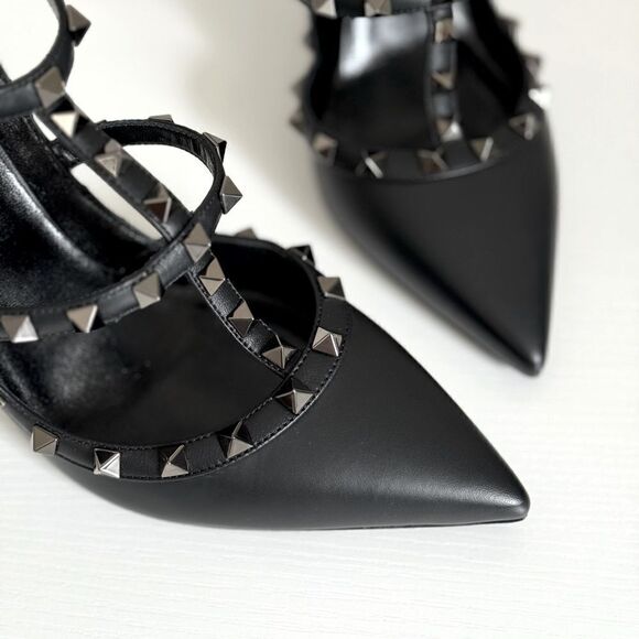 ⭕️ VALENTINO Sandals Heels Black Leather Rockstud Ankle Strap 39 - Picture 7 of 11
